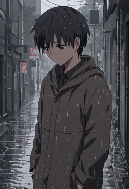 Highres, Masterpiece, High Quality, 4K, 8K, solo, 1Boy, Takaki Toono, adult, black hair, short hair, footpath, urban, wet, slippery, puddle, heavy rain, overcast, dark, drenched, weak, beaten, looking down, sad, helpless, carelessm heartless, wet hair, withered plants, easynegative, detailed_eye_model