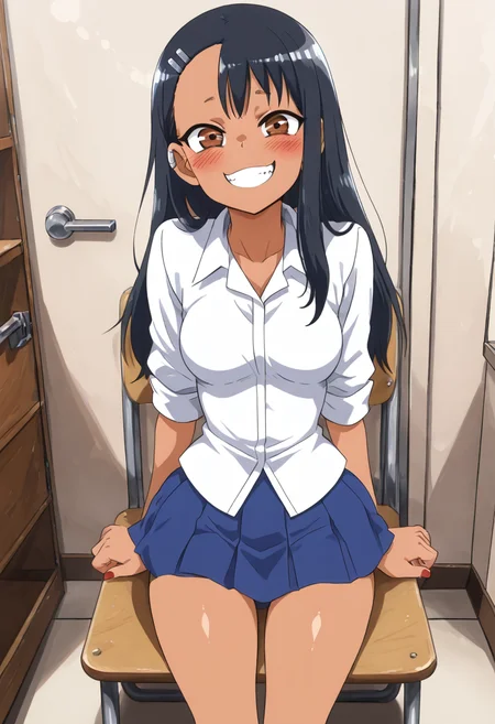 (masterpiece, best quality, good quality, very aesthetic, absurdres, newest:1.2), (curvy, medium breasts), zzNagatoro, skirt, shirt, school uniform, white shirt, pleated skirt, nail polish, blue skirt, red nails, earclip, ,<lora:NagatoroNAI:1.0>,, smile, looking at viewer, cowboy shot, <lora:HaradaTakehito_NAI:0.8>, <lora:ZankuroStyle_NAI:0.5>,