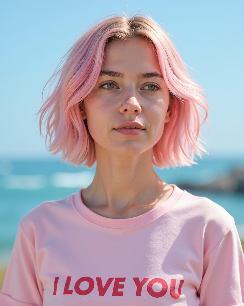 A highly detailed and realistic portrait of a young woman with short, pastel pink hair, styled with soft, tousled waves. She is wearing a light pink t-shirt with the bold, red text âI LOVE YOUâ printed on it. The woman is outdoors, standing against a backdrop of a bright, clear blue sky with the ocean visible in the distance. The lighting is soft and natural, giving her skin a gentle glow. The expression on her face is thoughtful and serene, as she gazes off into the distance, capturing a peaceful and introspective moment. The overall atmosphere is vibrant and fresh, with a touch of whimsy from her colorful hair. cinematic, high saturation, high contrast, intricately detailed eyes, (real skin textures, light reflections in the eyes, detailed eyebrows, real skin texture:0.5), (slight skin blemishes, imperfect skin, skin pores, blush, goosebumps, translucent skin:0.2), subsurface scattering, (fine wrinkles:0.3)