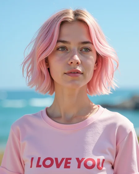A highly detailed and realistic portrait of a young woman with short, pastel pink hair, styled with soft, tousled waves. She is wearing a light pink t-shirt with the bold, red text âI LOVE YOUâ printed on it. The woman is outdoors, standing against a backdrop of a bright, clear blue sky with the ocean visible in the distance. The lighting is soft and natural, giving her skin a gentle glow. The expression on her face is thoughtful and serene, as she gazes off into the distance, capturing a peaceful and introspective moment. The overall atmosphere is vibrant and fresh, with a touch of whimsy from her colorful hair. cinematic, high saturation, high contrast, intricately detailed eyes, (real skin textures, light reflections in the eyes, detailed eyebrows, real skin texture:0.5), (slight skin blemishes, imperfect skin, skin pores, blush, goosebumps, translucent skin:0.2), subsurface scattering, (fine wrinkles:0.3)