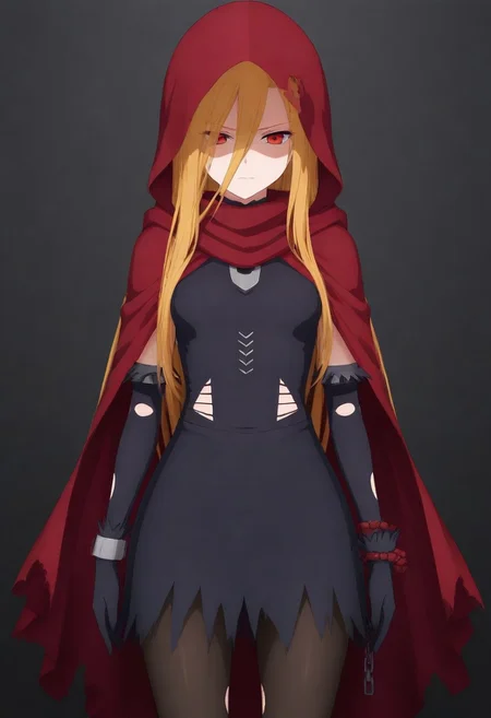 masterpiece, best quality, amazing quality,,, shiny skin,,,,,, <lora:Evileye:1> N4rb3r4lG4mm4, red eyes, blonde hair, very long hair, hair between eyes, torn clothes, hood, pantyhose, black dress, gloves, chain, hooded cloak, shackles,