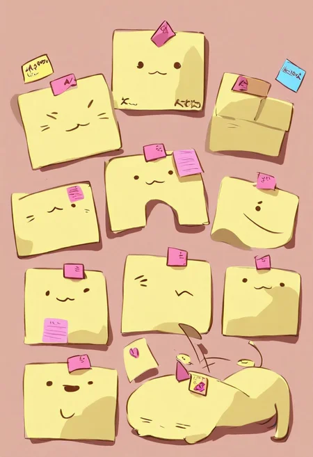 SK3, simple sketch, sharp shadows, a cute cat covered with sticky notes, Jed-StickyN, cute, kawaii