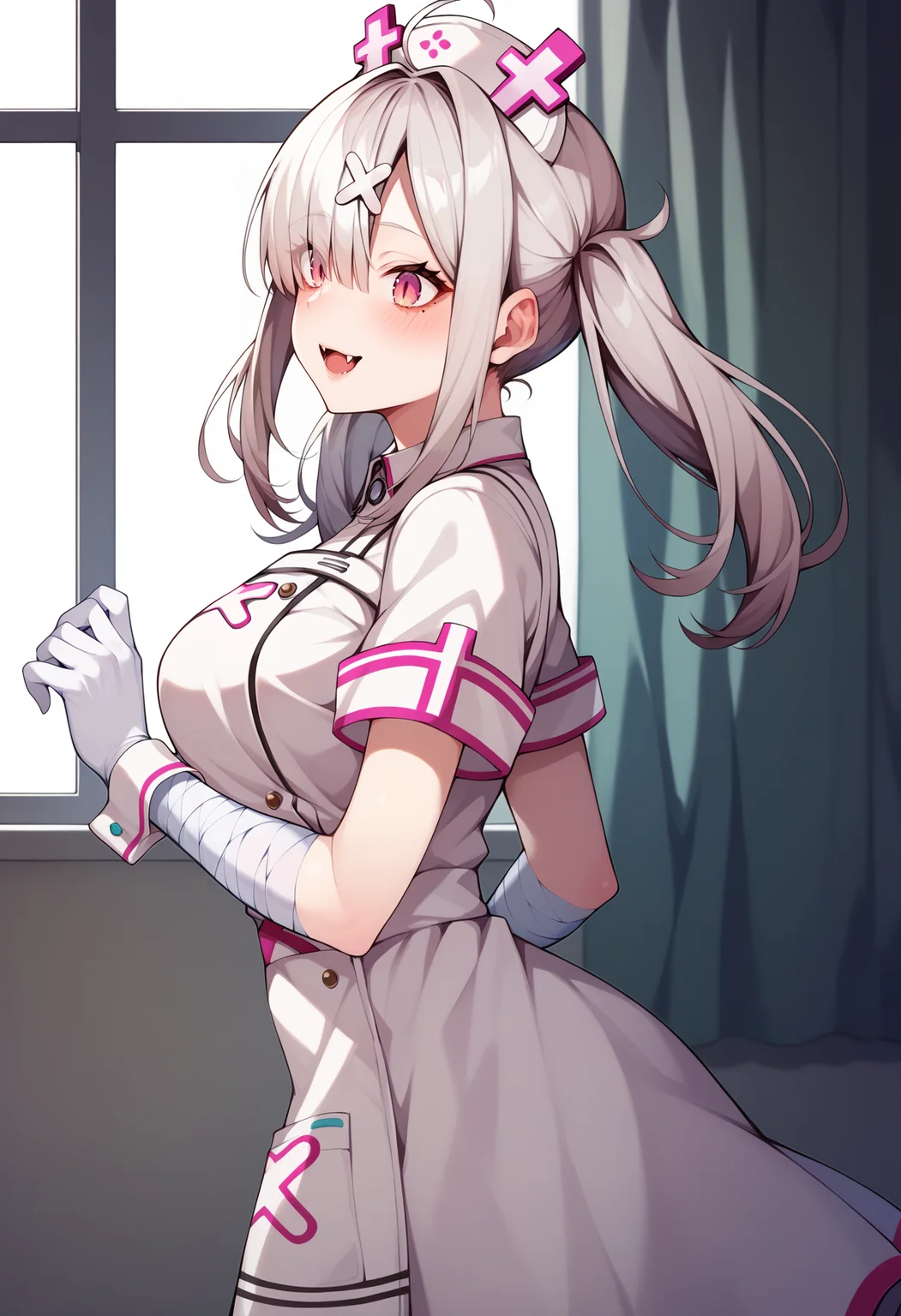 score_9, score_8_up, score_7_up, source_anime, aakana, long hair, twintails, ahoge, hat, nurse cap, x hair ornament, mole under eye, eyes visible through hair, blush, fangs, large breasts, nurse, white dress, short sleeves, bandaged arm, wrist cuffs, white gloves, white apron, <lora:sukoya_kana_xl_pony_v1:0.8>, indoors, from side, standing, cowboy shot,