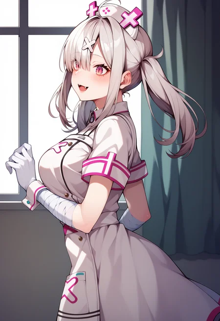 score_9, score_8_up, score_7_up, source_anime, aakana, long hair, twintails, ahoge, hat, nurse cap, x hair ornament, mole under eye, eyes visible through hair, blush, fangs, large breasts, nurse, white dress, short sleeves, bandaged arm, wrist cuffs, white gloves, white apron, <lora:sukoya_kana_xl_pony_v1:0.8>, indoors, from side, standing, cowboy shot,