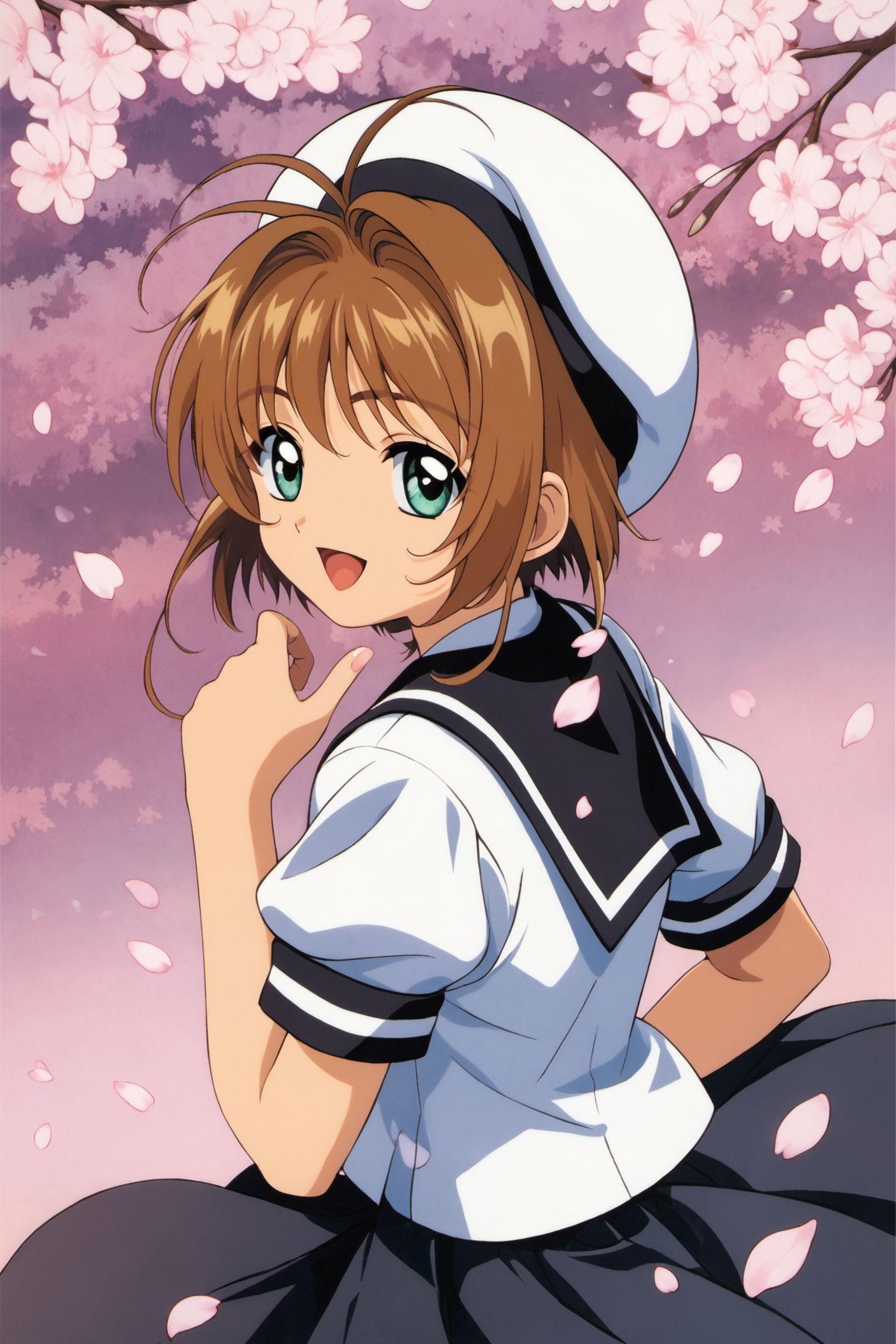 1girl,kinomoto sakura,solo,tomoeda elementary school uniform,green eyes,brown hair,skirt,school uniform,open mouth,hat,short sleeves,short hair,looking at viewer,smile,petals,puffy sleeves,black skirt,puffy short sleeves,antenna hair,white headwear,looking back,cherry blossoms,sailor collar,:d,white shirt,shirt,bangs,upper body,score_9,score_8_up,<lora:Card Captor Sakura Anime_XL_PONY:0.9>,