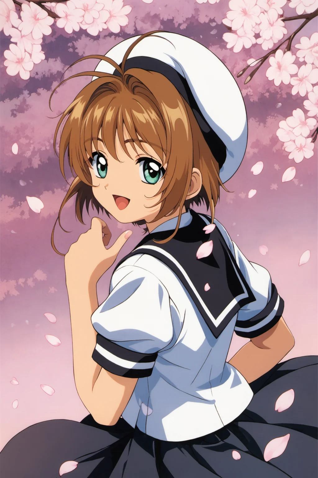 1girl,kinomoto sakura,solo,tomoeda elementary school uniform,green eyes,brown hair,skirt,school uniform,open mouth,hat,short sleeves,short hair,looking at viewer,smile,petals,puffy sleeves,black skirt,puffy short sleeves,antenna hair,white headwear,looking back,cherry blossoms,sailor collar,:d,white shirt,shirt,bangs,upper body,score_9,score_8_up,<lora:Card Captor Sakura Anime_XL_PONY:0.9>,