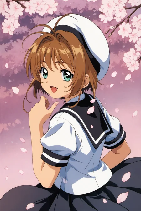 1girl,kinomoto sakura,solo,tomoeda elementary school uniform,green eyes,brown hair,skirt,school uniform,open mouth,hat,short sleeves,short hair,looking at viewer,smile,petals,puffy sleeves,black skirt,puffy short sleeves,antenna hair,white headwear,looking back,cherry blossoms,sailor collar,:d,white shirt,shirt,bangs,upper body,score_9,score_8_up,<lora:Card Captor Sakura Anime_XL_PONY:0.9>,