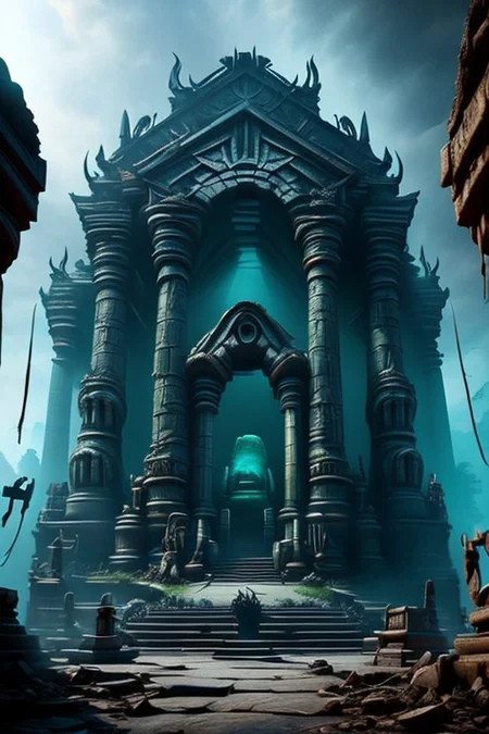 A sinister and exotic digital painting, (HDR, Unreal Engine:1.4),The Lost Shrine of the Ape God, a central jeweled stone idol, evil hideous idol, ancient and crumbling pillars, very dark, eldritch braziers, ancient stone steps, (grotesque carvings:1.3), high dome, shaft of sunlight, old and dreadful, bones, age haunted, (terrifying:1.2), magnificent, decadent, degenerate, (perfect composition, maximalist and detailed:1.2), (masterpiece:1.4), (high quality:1.3), subsurface scattering, volumetric lighting, heavy shadows, Temple, evilrealm