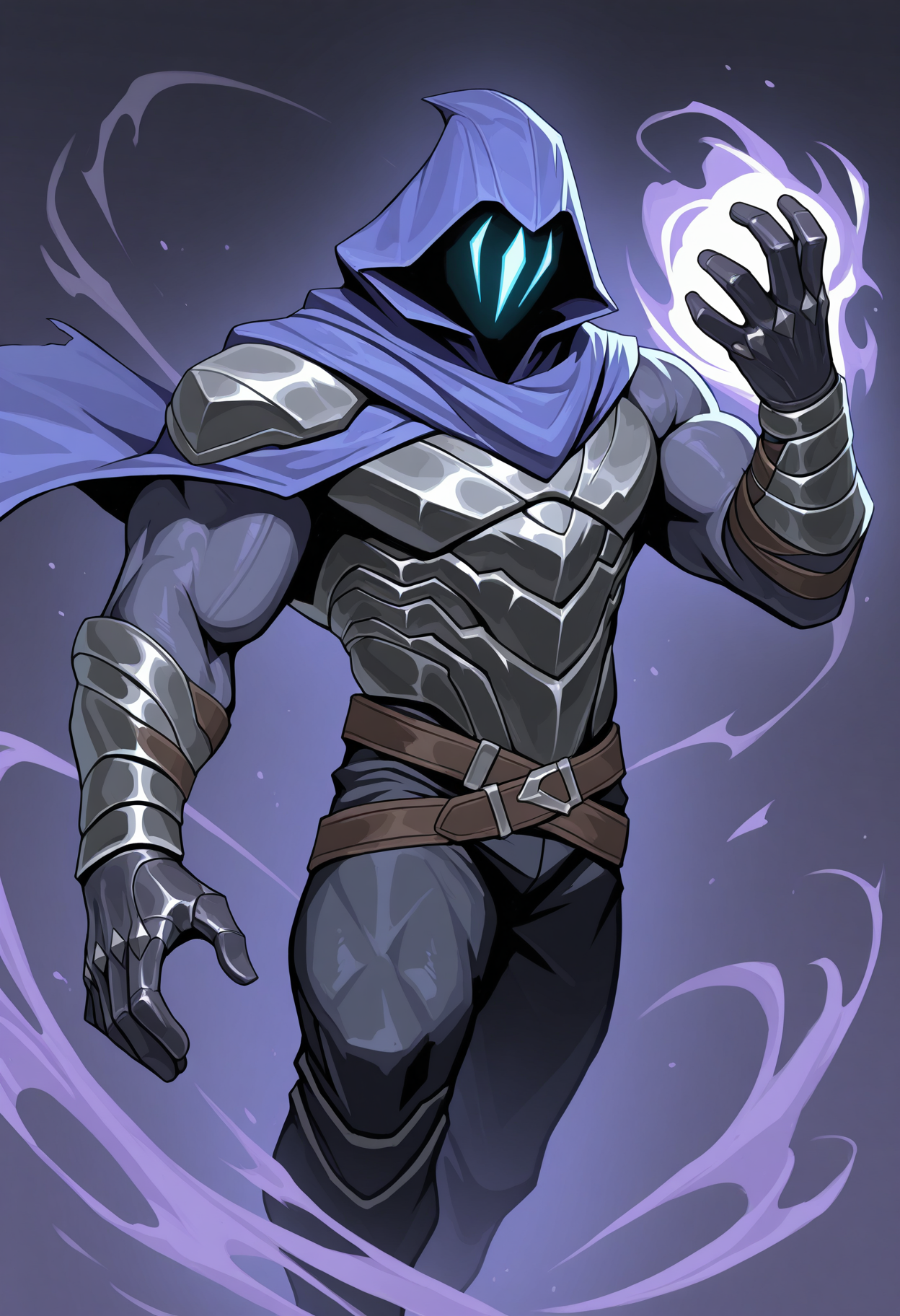 solo, dynamic pose, purple fog, omen, hood, abstract background, magic, male focus, muscular, belt, armor, detailed, perfect anatomy, masterpiece, high quality, best quality, highres, aesthetic <lora:Omen_Valorant_V1_ILXL:0.8> <lora:detailed_notrigger:1>