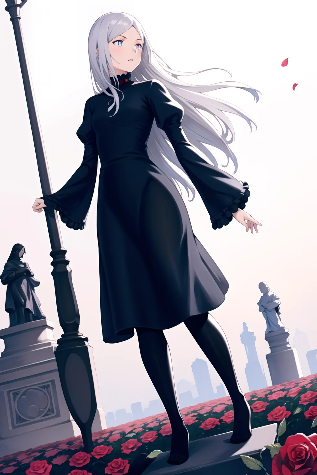 yoshida akihiko,
1girl, black dress, black flower, black pantyhose, black rose, blue eyes, dress, dutch angle, feet out of frame, floating hair, flower, grey hair, juliet sleeves, long hair, long sleeves, looking away, looking to the side, pantyhose, parted lips, petals, puffy sleeves, rose, solo, standing, statue, very long hair, wide sleeves
<lora:yoshida_akihiko_offset:1>
