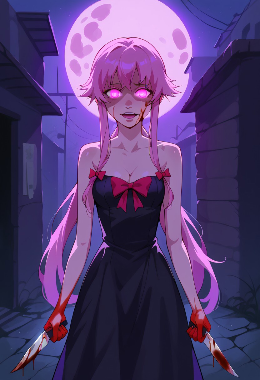 score_9, score_8_up, score_7_up, score_6_up,   <lora:st4t1ctvXLP:1> st4t1ctv, chromatic aberration, dark purple theme, red vignette, 1girl, solo, yuno gasai, long hair, pink eyes, glowing eyes, pink hair, moan, blood on face, blood on hands, low twintails, bare shoulders, black dress, bow, cleavage, collarbone, dress, hair bow, yandere trance, outdoors, dark alley way, night, moon, concept art, realistic, dark theme, low light, dark night, cinematic lighting, holding knife, stabbing corpse on ground, from behind, from back, scary, dynamic pose
