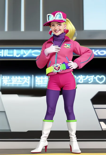 score_9, score_8_up, score_7_up BREAK AniPitstop, 1girl, blonde hair, ponytail, pink eyes, pink lipstick, green blush, pink baseball cap, white goggles on head, heart earrings, rainbow belt, green-jeweled cat silver buckle, long-sleeved pink jacket, purple sweater, white gloves, pink shorts, purple tights, white high-heeled boots, solo, solo focus, female, female focus, full body, smiling at viewer, futuristic tokyo background, tokyo neon outdoors, 3d, source_3d, photorealistic,