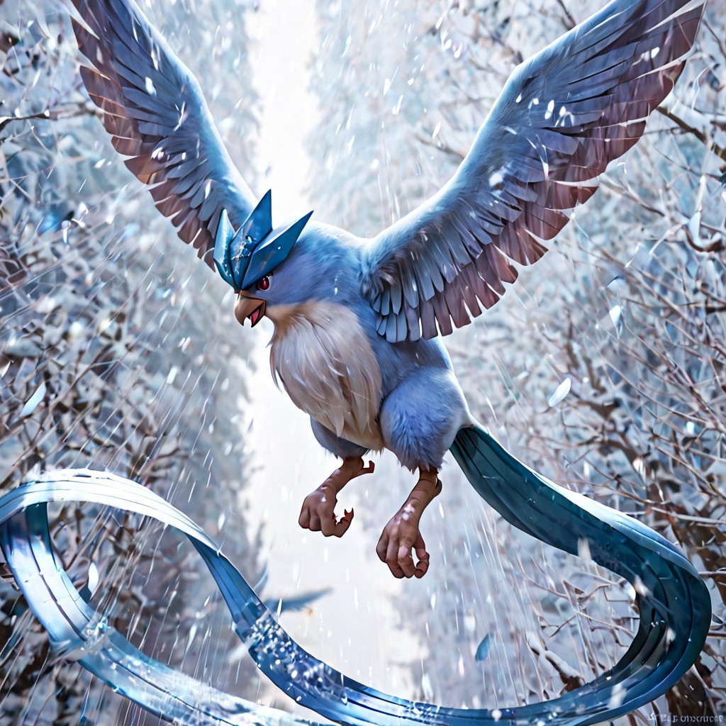 score_9, score_8_up, score_7_up, score_6_up, solo, articuno, pokemon (creature), red eyes, feral, avian, bird, bipedal, blue body, detailed feathers, realistic feathers, long tail feathers, icy crest feathers, wings, flying, in air, snowing in background, arctic, cinematic, dynamic angle, motion blur