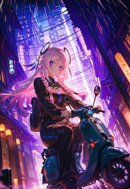 japanese night street, japanese cityscape, scenery, cozy street,  (traffic lights:0.3),rain,

Citlali_(Genshin_Impact),blue_eyes, pink_pupils, colored_eyelashes, pink_hair, twin_braids, hair_ornament, long_hair, uber driver uniform, cute moped, leaning against motorcycle, large backpack, looking at viewer,  cozy atmosphere, riding moped,

cinematic shot,  dynamic light, vibrant colors, eye-catching, colorful, detailed eyes, face, textured surfaces, depth of field, dramatic shadows,warm lighting, rich details, detailed background, dynamic angle, detailed environment, 

masterpiece, best quality, very awa, absurdres, very aesthetic, newest, (by happoubi jin:0.3), (by naokomama:0.4), (by dk.senie:0.3),(by gabiran:0.2), (by darjeeling (reley):0.3),(by ibuki notsu:0.3), (by sakuraba yuuki:0.2), (by nagishiro mito:0.6), (by guweiz:0.8), detailerlora,