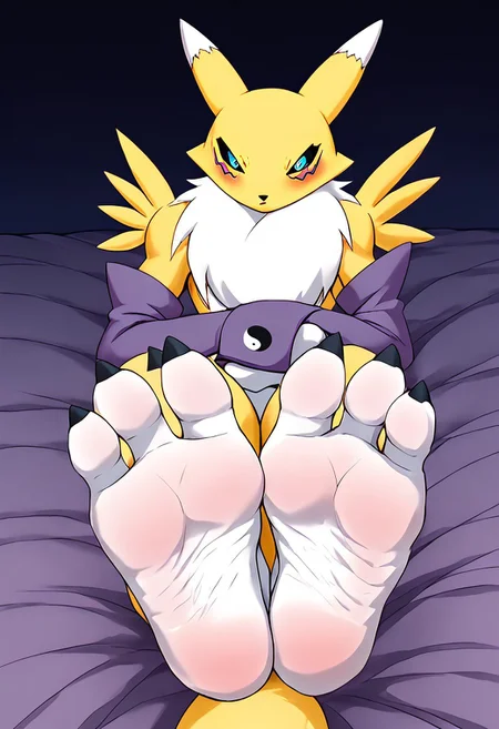 ((detailed, anime, masterpiece, dynamic lighting.))
((1boy)). (Renamon (Digimon), fullbodystraitjacket, laying on bed))
(((focus on soles of two foot paws. Three toes.))) ((3 toes))
(( big white feet)), ((big white soles)) ((black toe claws)) ((Three big white toes)) ((three toes))
(blushing, nervous, shy, scared, panic)
dark bedroom. detailed background. night.