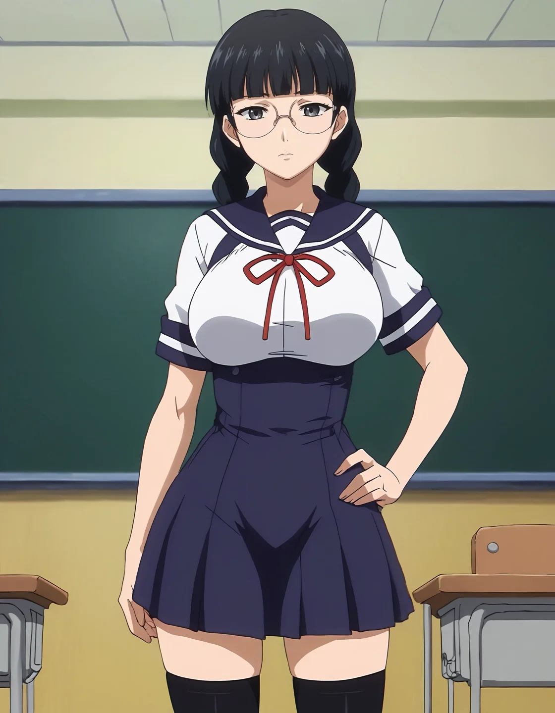 score_9, score_8_up, score_7_up, score_6_up, score_5_up, score_4_up, <lora:NaoK_T1V0:0.85>, <lora:sdxl_lightning_8step_lora:1>,
source_anime, anime screencap, 1girl, solo,
NaoK_T1V0, black hair, long hair, low twin braids, blunt bangs, black eyes, grey eyes, large breasts,
glasses, rimless eyewear,
school uniform, serafuku, white shirt, short sleeves, blue sailor collar, red neck ribbon,
blue skirt, high-waist skirt, suspender skirt, suspenders, black thighhighs,
standing, hand on hip, arm at side,
looking at viewer, expressionless, closed mouth,
indoors, classroom, cowboy shot,