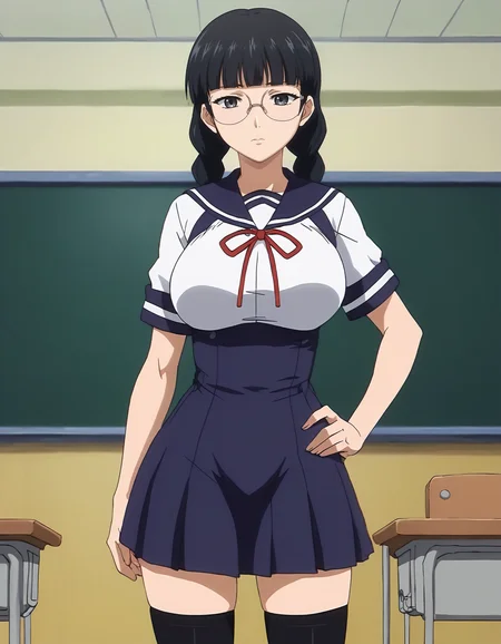 score_9, score_8_up, score_7_up, score_6_up, score_5_up, score_4_up, <lora:NaoK_T1V0:0.85>, <lora:sdxl_lightning_8step_lora:1>,
source_anime, anime screencap, 1girl, solo,
NaoK_T1V0, black hair, long hair, low twin braids, blunt bangs, black eyes, grey eyes, large breasts,
glasses, rimless eyewear,
school uniform, serafuku, white shirt, short sleeves, blue sailor collar, red neck ribbon,
blue skirt, high-waist skirt, suspender skirt, suspenders, black thighhighs, 
standing, hand on hip, arm at side, 
looking at viewer, expressionless, closed mouth, 
indoors, classroom, cowboy shot,