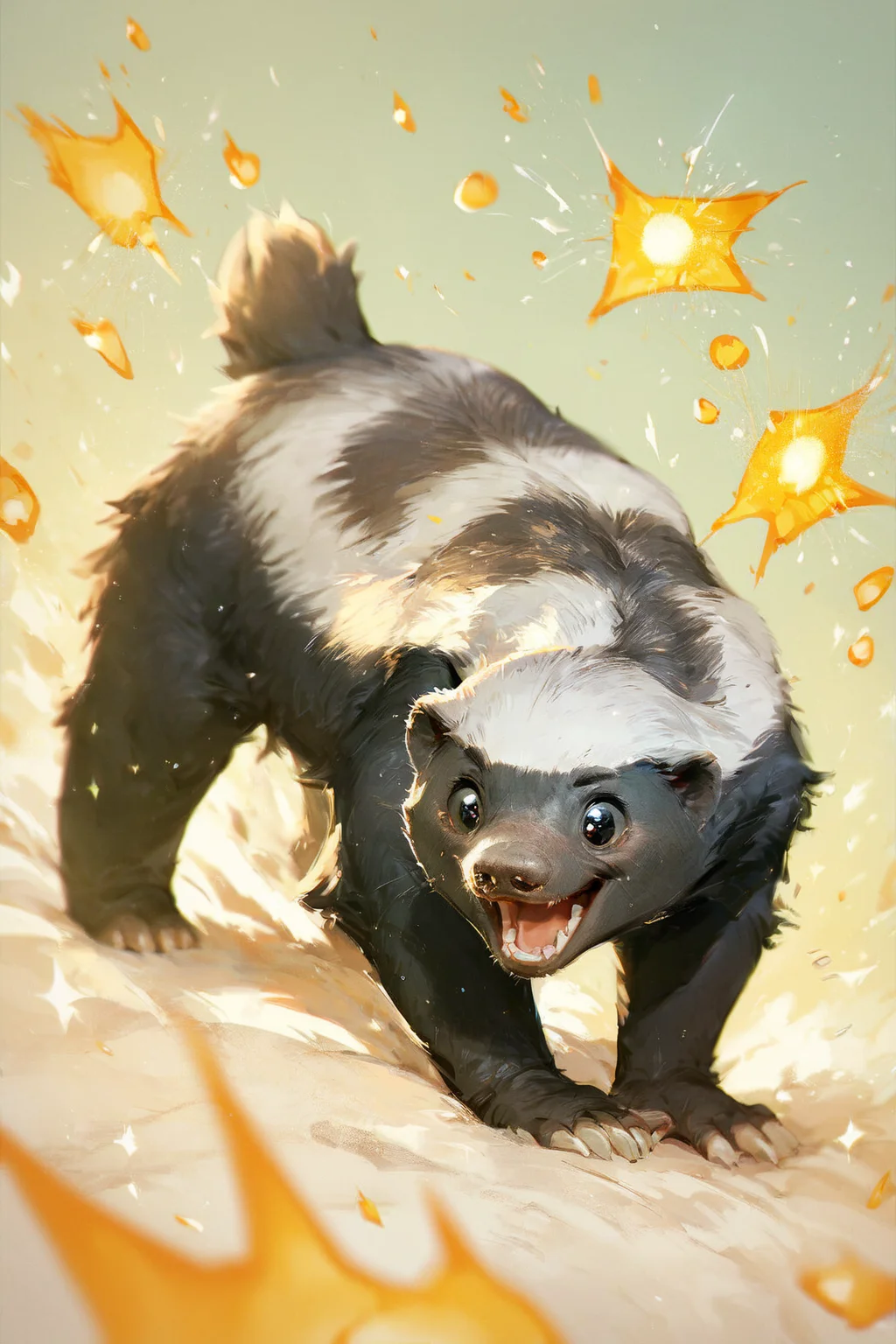 score_9, score_8_up, score_7_up, score_6_up, score_5_up, score_4_up, <lora:HoneyBandgerPDXL:1> honeybadger, white fur, black fur, happy, kawaii, big round eyes, <lora:Expressive_H:0.7> Expressiveh, sparks