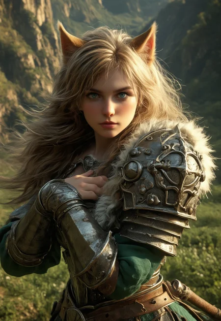 a woman warrior, clad in medieval armor, standing proudly amidst the lush green plains of a valley, under a brilliant blue sky with fluffy white cloud. ((big battleaxe in hands))
 (8k uhd:1,4)
(((full clothed)))
(((((upper body))))), dynamic pose
 <lora:Dynamic Poses:1>
 <lora:detailed_notrigger:1>
(((full clothed)))