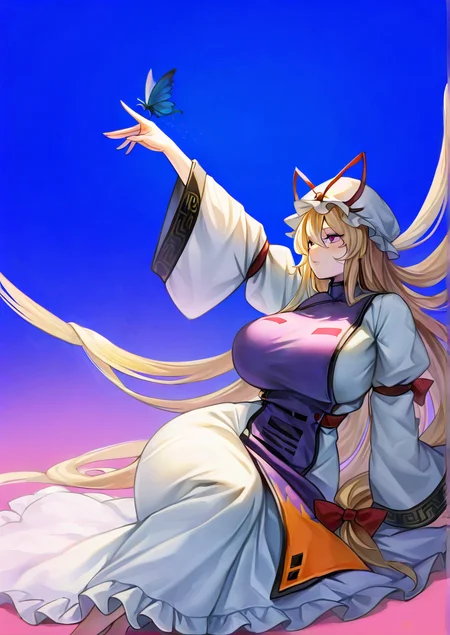 <lora:ren:1>,1girl, yakumo yukari, detailed background, huge breasts, wide hips, arm up, blonde hair, blue background, blue butterfly, bug, butterfly, detached sleeves, dress, feet out of frame, frilled dress, frills, gradient background, hair between eyes, hat, hat ribbon, long hair, looking to the side, looking up, low-tied long hair, mob cap, pink background, purple eyes, reaching, reclining, ribbon, sleeve cuffs, solo, tabard, very long hair, white dress, white headwear, 
very awa, masterpiece, best quality, highres, absurdes,amazing quality