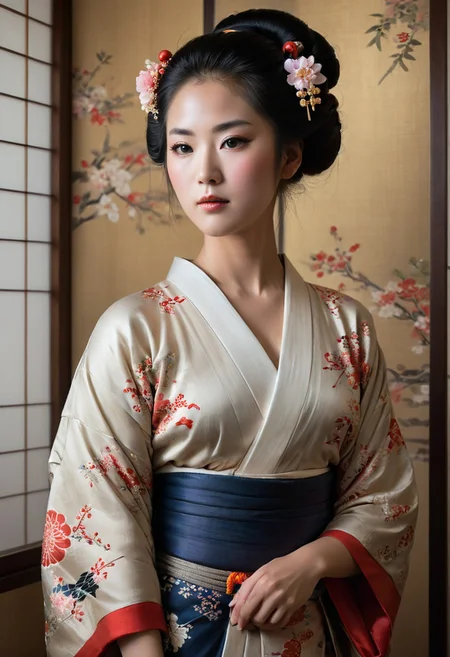 by Jeremy Lipking, by Antonio J Manzanedo, realistic photo, masterpiece, highest quality, high quality, (detailed face and eyes:1.1), asian girl, kimono, geisha, shy, suggestive, geisha prostitute, oiran, beautiful kimono, kimono room, long kimono sleeve, geta,