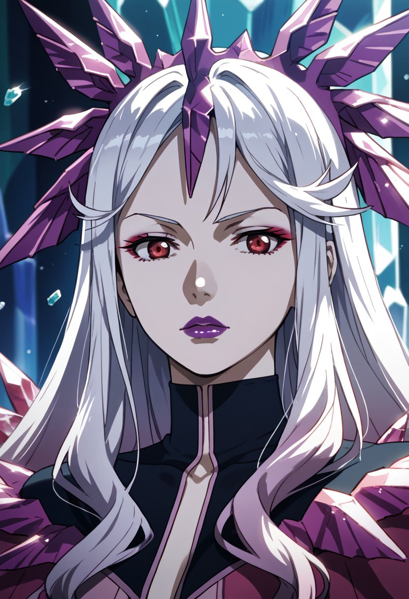 score_9,score_8_up,score_7_up,source_anime, Mana Ouma (Apocalypse),1girl,solo,long hair,red eyes,hat,purple eyes,white hair,makeup,colored skin,parody,portrait,crown,lipstick,pale skin,crystal,purple lips,
