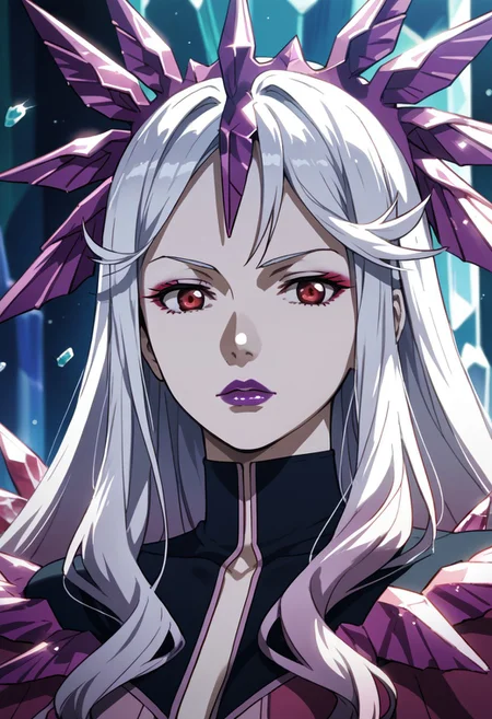 score_9,score_8_up,score_7_up,source_anime, Mana Ouma (Apocalypse),1girl,solo,long hair,red eyes,hat,purple eyes,white hair,makeup,colored skin,parody,portrait,crown,lipstick,pale skin,crystal,purple lips,