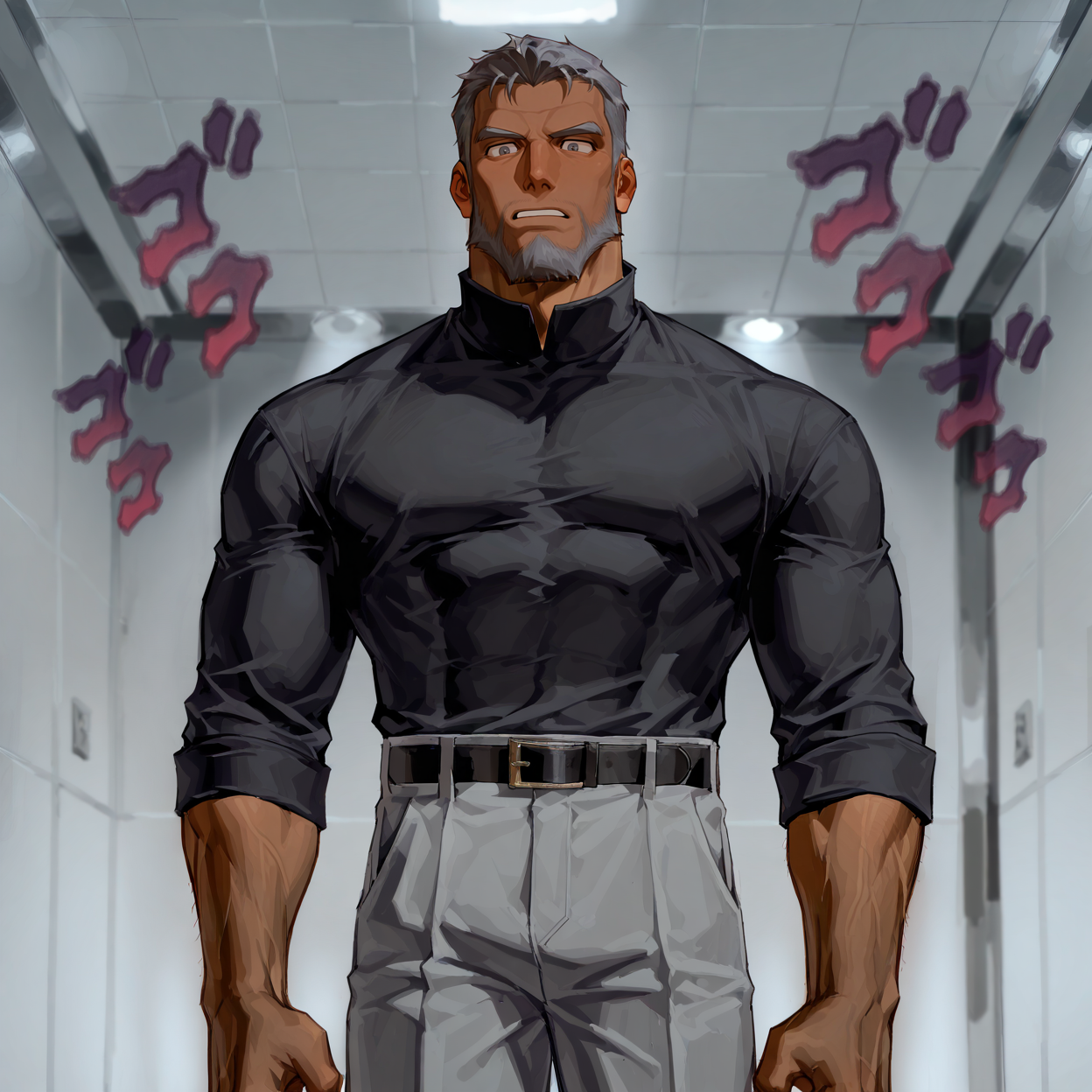 <lora:Macbeth_Gargoyles:.7>, Macbeth, brown skin tone, gray hair, menacing look, gray eyes, beard, chin curtain
cowboy shot, 
(very short hair, beard, bara, mature, facial hair, stubble, beard, full beard, sideburn, beard, a lot of beard, ), facial hair,male focus, muscular male, muscular male, bara, mature,  bara, mature, aixiwuganda_(20222192), very awa, masterpiece, best quality, absurdres, newest, perfect quality, detailed background, intricate details,
<lora:slider_Body Type_alpha1.0_rank4_noxattn_last:3><lora:Anime Summer Days 2 Style SDXL_LoRA_Pony Diffusion V6 XL:.6><lora:slider_cfg_scale_boost:.7><lora:Artist6p:.55>, Artist6p, Artist04p,<lora:slider_il_brightness_slider_d1:-1><lora:slider_il_contrast_slider_d1:-1><lora:slider_DarkSlider1.2_alpha1.0_rank16_full_300steps:-.6>