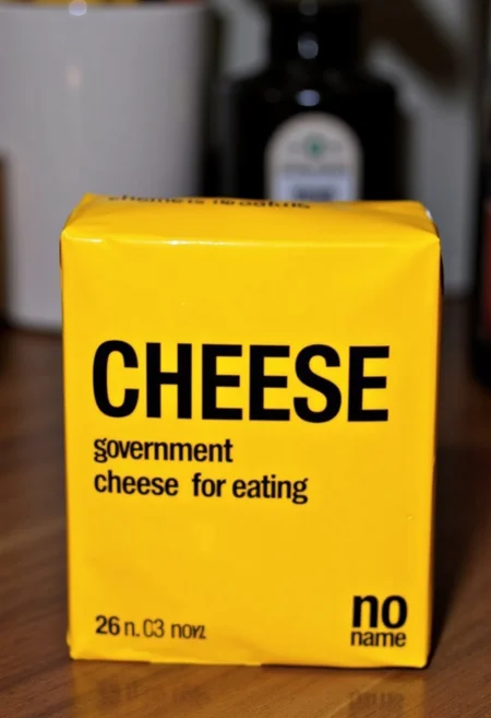 This is a photograph of a block of Government cheese in a kitchen. The case label design has a bright yellow background, displaying a minimalist design. The case features prominent black bold text (CHEESE) with smaller text below that says cheese for eating. The brand name "no name" is printed in the bottom right corner.