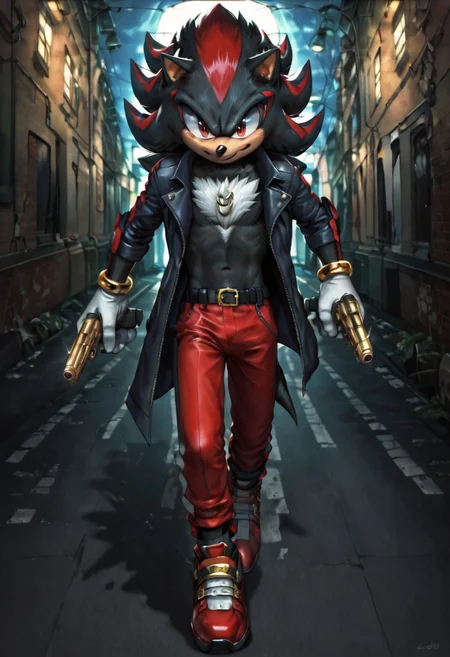 zPDXL3,RE_Engine,score_9_up,score_8_up,score_7_up,detailed,(best quality:1.2),digital media \(artwork\), BREAK, solo,best quality, 1boy, solo male, shadow the hedgehog, furry, red eyes, black fur, white chest tuft, black open coat, gold bracelets, white gloves, black belt, red pants, red shoes, gold anklets, running, blue aura, spiked hair, hedgehog, street alley, night, dynamic lighting, full body, dual wielding handguns, rifle on back