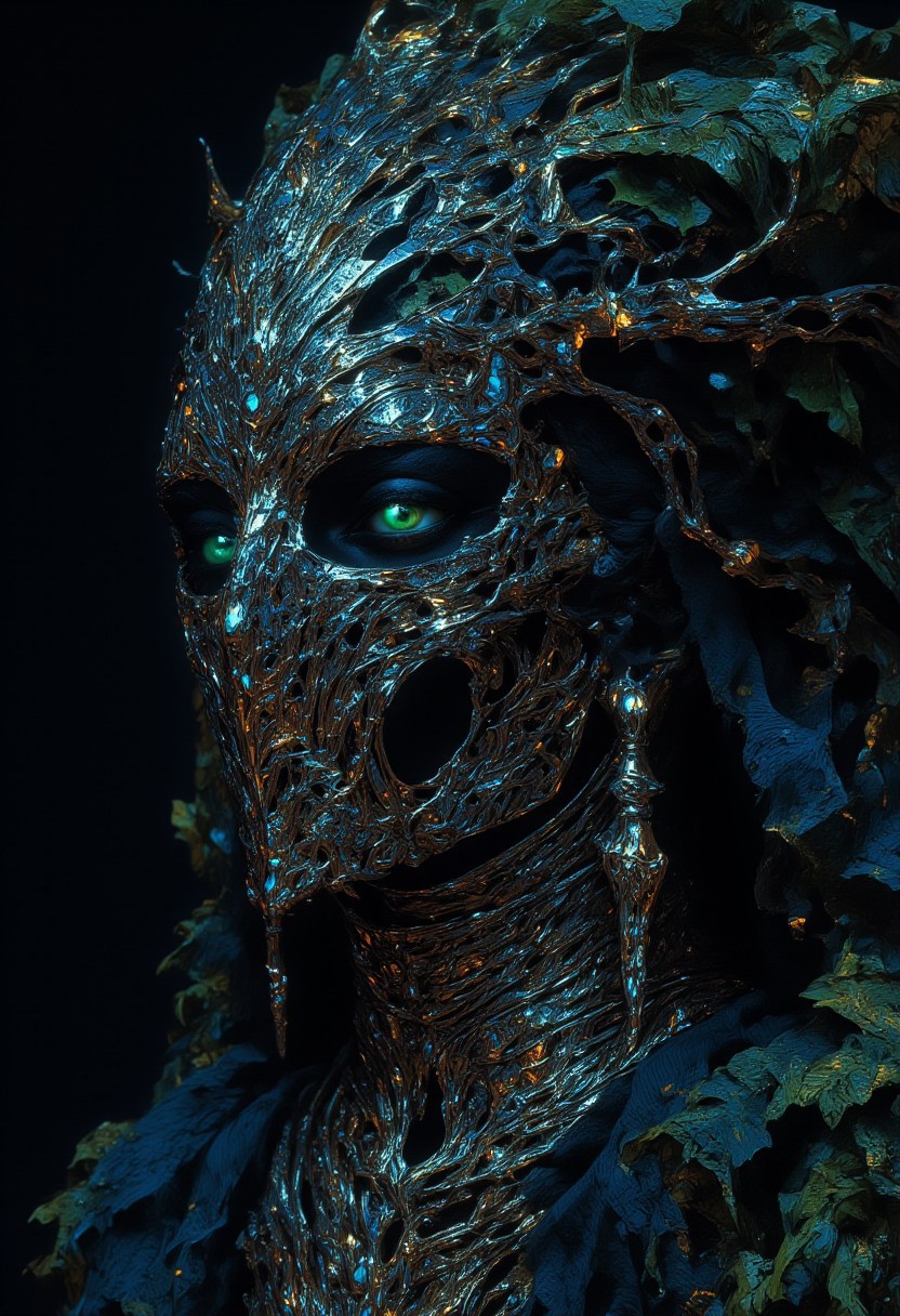 In the depths of a mystic reverie, a dark-skinned enchantress materializes, her presence a whispered secret in the velvet darkness. Her eyes, like shattered emeralds, glimmer with an unholy light, as if the very essence of the forest has been distilled into their piercing gaze. A tattered, lace-like veil, a gossamer whisper of forgotten dreams, clings to her skin like a damp, moonlit mist, casting an eerie, silvered glow across her features. The light that bathes her is a crazed, flickering thing, a mad dance of sunbeams and shadowy tendrils that twist and writhe like living serpents around her face. Upon her head, a crown of jagged, chrome splinters reigns, its diamonds flashing like a riot of fireflies on a summer's night, as a diamond-encrusted necklace slithers around her neck like a glittering, venomous serpent. A face ornament, a delicate, bejeweled latticework, sprawls across her cheeks and forehead like a mad, its silver chains and diamonds glinting with a manic, fevered light, as if the very fabric of reality has been torn asunder to reveal a glimpse of the surreal, dreamlike realm that lies beyond. And yet, amidst this maelstrom of color and light, the enchantress remains, a serene, unyielding presence, her gaze a cold, dark mirror that reflects the very soul of the viewer, drawing them in with an otherworldly allure, a siren's call that beckons them deeper into the heart of the madness.