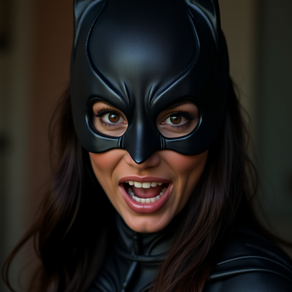 Hyperrealistic art  <lora:perfection style v1:1>
A perfect photo of a woman in a bat costume poses for a picture,1girl,solo,long hair,looking at viewer,open mouth,brown eyes,teeth,blurry,lips,mask,realistic,superhero , detailed face, detailed body, detailed hands, detailed eyes, detailed nose, detailed ears, detailed hair, detailed, perfection, detailed teeth, detailed skin texture, wrinkly, detailed fingers, detailed mouth, beauty, realism, real, detailed hair, detailed pores, detailed background, sharp image, detailed lips, different race, different color, different haircut, different skin tone, different, different people, different pose, perfection style . Extremely high-resolution details, photographic, realism pushed to extreme, fine texture, incredibly lifelike