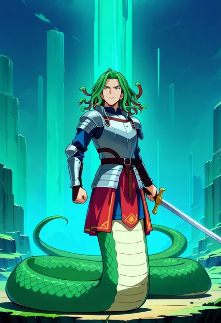 masterpiece, best quality, newest, absurdres, highres, anime, anime style, Snake hair, snake, snake_hair, Lamia, snake tail, Lamia-IL, 1boy, male focus, armor, weapon, holding weapon, holding sword,