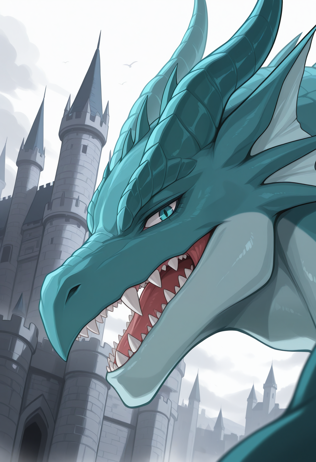 masterpiece,best quality,amazing quality, 1boy, solo,, t1m43us, dragon, looking at viewer, close up, side angle, big tooth, castle,