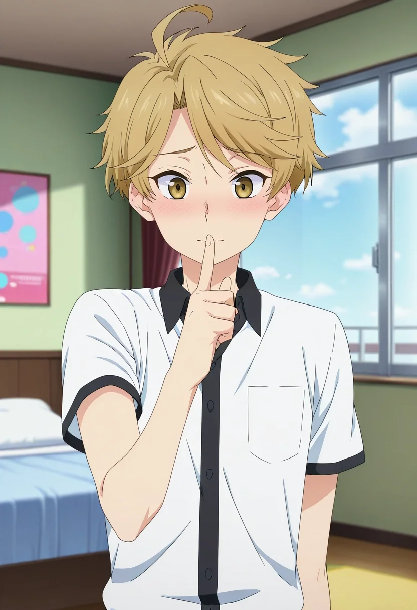 masterpiece, best quality, , anime screencap, anime coloring, official style, , 1boy, solo, male focus, <lora:yuuma_nikaidou_ilxl:0.98>, yuuma_nikaidou, blonde hair, yellow eyes, short hair, ahoge, straight-on, bedroom, day, pointing, shy, blush,