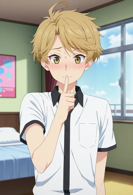 masterpiece, best quality, , anime screencap, anime coloring, official style, , 1boy, solo, male focus, <lora:yuuma_nikaidou_ilxl:0.98>, yuuma_nikaidou, blonde hair, yellow eyes, short hair, ahoge, straight-on, bedroom, day, pointing, shy, blush,