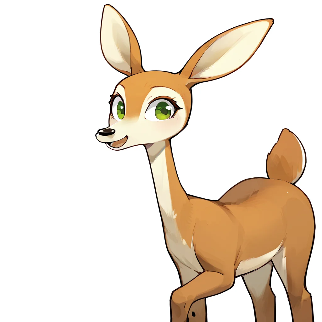 score_9_up, score_8_up, rating_safe, solo, furry female, cervid, deer, (feral:1.2), giselle \(open season\), one raised hoof, smiling, open mouth, ecstatic, <lora:GisellePDXL-000009:0.8>, front, white background, creator:kanbaki, <lora:jingai_modoki:1>