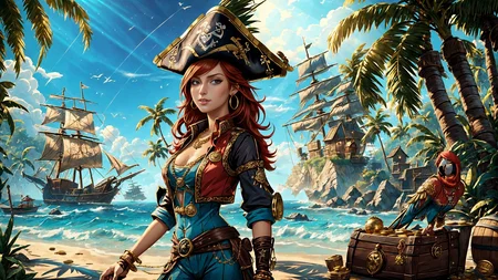 (young redhead pirate woman), (portrait), (parrot:1.2), sharp focus, (ultradetailed), (standing), (happy) smile, pirate (ship galleon:1.2, hoop earrings, gold medallion, Royal Bluepirate clothes, pirate hat, hips, pirate (village), leafy beach coast, (treasure chest with coins, gems and jewels:1.2), (rum barrel), best quality masterpiece, bright sunny sky, backlight, natural lights, high contrast, hdr, shadows, pretty, beautiful, feminine, sexy, adorable, lovely, in love, (PirateDiffusionprt:0.5), <lora:Pirate:0.3> PrateT <lora:PirateRealms:0.3> <lora:Detail Tweaker LoRA add_detail:0.8> <lora:depth_of_field_slider_v1:5> <lora:SDXLrender_v2.0:0.9>