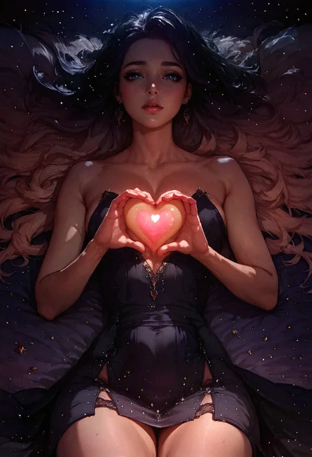 score_9, score_8_up, score_8,  1girl, holding glowing heart, black galaxy dress, stylish, fashionable, magazine cover style illustration, helvetica bold  <lora:pony/twilight_style:0.8> concept art, realistic <lora:pony/expressiveh:0.8> expressiveh <lora:sdxl/princess_xl_v2:0.8> <lora:sdxl/sinfully_stylish_sdxl>
