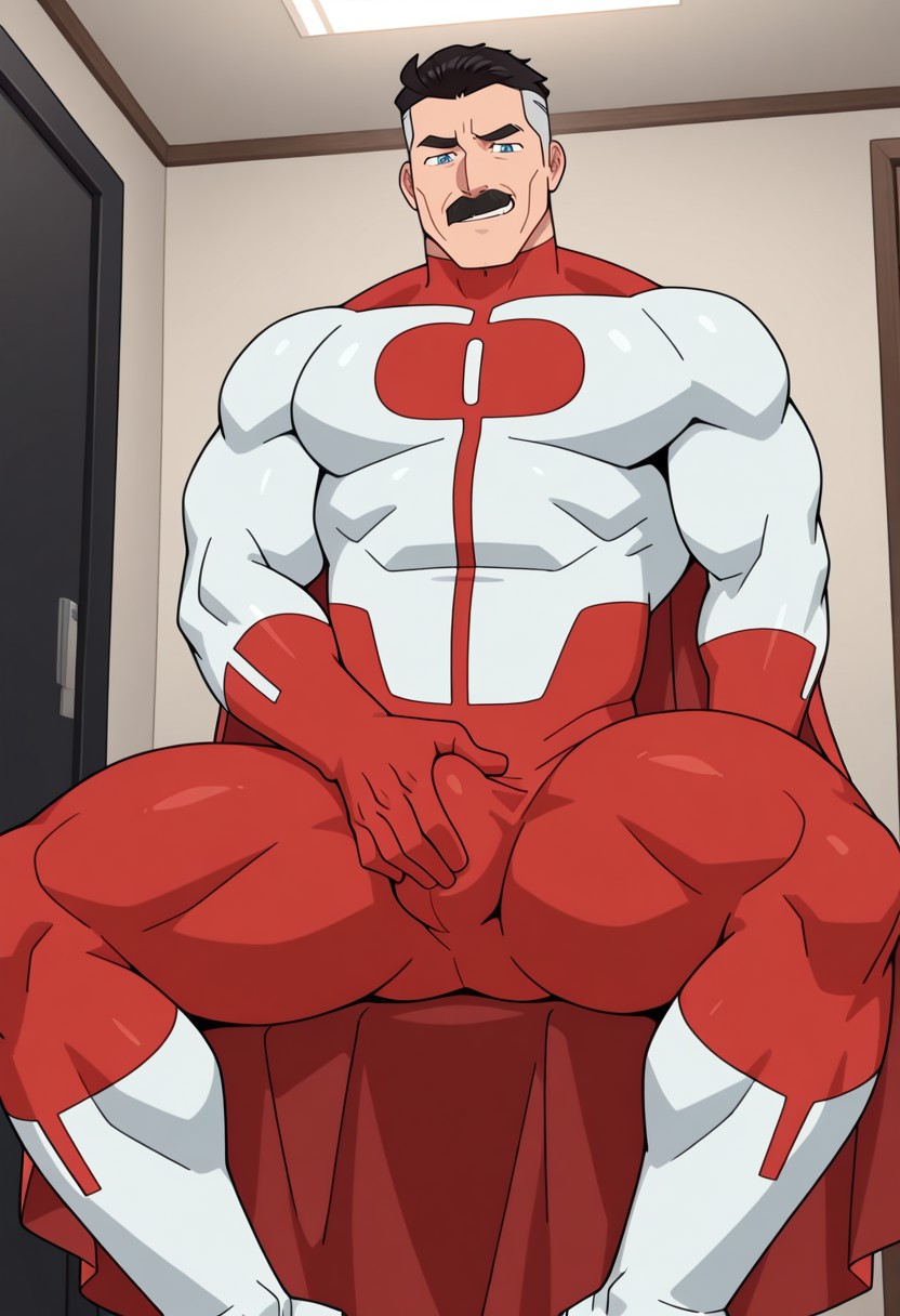 0MN1MAN, 1boy, bara, big pecs, broad shoulders, thick thighs, muscular, detailed background, perfect anatomy, masterpiece, perfect quality, best quality, detailed, newest, very aesthetic, bulge, daddy seductive smirk, blue eyes, two tone hair, undercut, mustache, black hair, mature male, superhero suit, red and white bodysuit, red gloves, white boots, cape, red leggings, looking at viewer, daddy seductive smirk, bulge, Masturbating, furrowed eyebrows