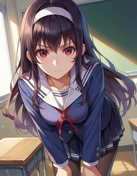 score_9, score_8_up, score_7_up, source_anime,
utahakasumigaoka, <lora:utaha-kasumigaoka-ponyxl-lora-nochekaiser:1>
utaha kasumigaoka, black hair, hairband, long hair, red eyes,
long sleeves, school uniform, skirt, pantyhose,
indoors, classroom, bent over,
looking at viewer, dutch angle, cowboy shot,