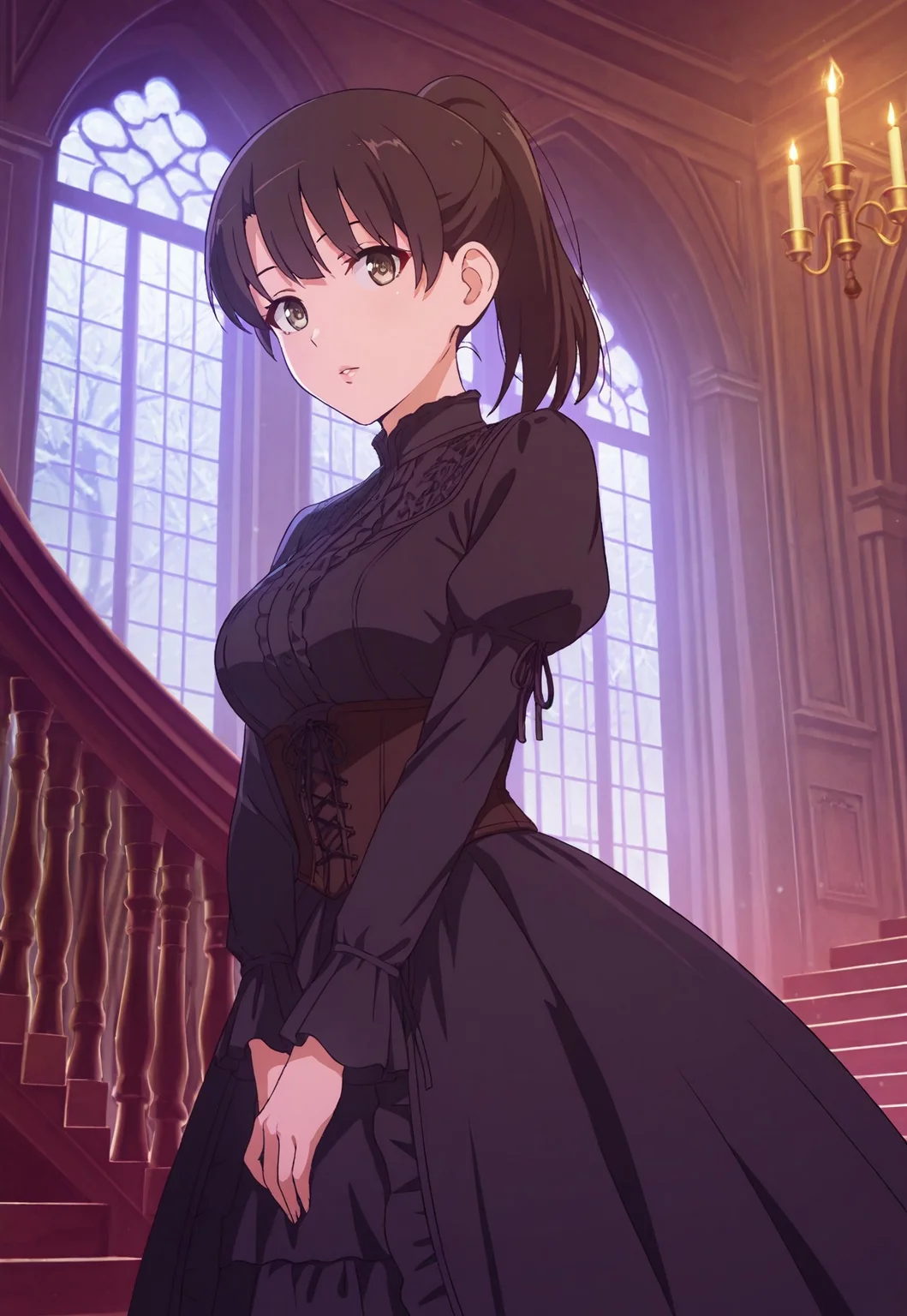 safe_pos, masterpiece, best quality, amazing quality, very aesthetic, high resolution, ultra-detailed, absurdres, newest, scenery, christmas, snowing, cinematic light, 1girl,Megumi <lora:IL-KatoMegumi:0.8>,brown hair,katou megumi,brown eyes,medium breasts, looking at viewer, ponytail , Victorian gothic dress, black lace details, high collar, corset design, haunted manor background, grand spiral staircase, antique mirrors, flickering candelabras, thunder outside windows, dramatic pose against balustrade, stained glass windows, dark wood paneling, cobwebs in corners, gothic architecture, dramatic lightning flash, moody atmosphere, low angle composition, BREAK, extremely detailed clothes, eyes, hands, fingers, lips, detailed eyes, shiny skin, detailed skin, detailed hair, masterpiece, best quality, amazing quality, very aesthetic, high resolution, ultra-detailed, absurdres, newest, scenery, volumetric lighting,((eye fix))