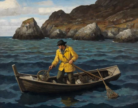 a Wyeth painting depicting This image depicts a solitary figure engaged in fishing from a weathered wooden boat. The person is dressed in a drab yellow raincoat and a black hat, hunched over as they coordinate their efforts to catch fish. They are using a fishing net to scoop up what appears to be a variety of fish, some of which are visible in a circular basket beside them. The boat, set against a backdrop of dark, rocky cliffs, is gently rocking on the deep blue water, which contrasts with the earthy tones of the boat and the vibrant outfit of the fisherman. The scene captures a sense of tranquility and diligence, illustrating the age-old tradition of fishing. The play of light on the water and the texture of the surrounding rocks adds depth to this serene maritime moment. The overall mood evokes contemplation and a connection to nature.,<lora:NCWyeth1-000005:1>