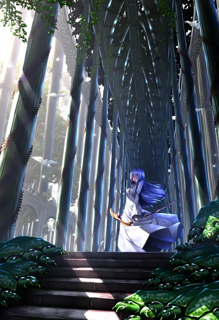 1girl, solo, long hair, dress, blue hair, white dress, tree, bird, sunlight, staff, scenery, stairs, ruins, pillar, arch, overgrown, vanishing point, ryosios <lora:ryosios:1>