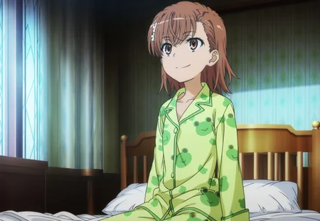 masterpiece, best quality, absurdres, highres, intricate details, very aesthetic, accurate art style, anime screencap, anime coloring, flat colors, official screencap, style parody, official art, proper proportions, extremely detailed, newest, 2025, BREAK, 1girl, misaka mikoto, short hair, brown hair, hair ornament, hair flower, pajamas, green pajamas, frog print, animal print, BREAK, smile, sitting on bed, BREAK, detailed background, indoors, bedroom, BREAK, cowboy shot, BREAK, vibrant colors, bloom, vignette, cinematic lighting, 75% soft lighting, 25% dark lighting