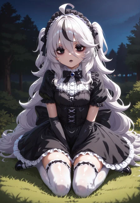 score_9, score_8_up, score_7_up, score_6_up, score_5_up, score_4_up , 1girl, Shadwo, black eyes, white hair, grey hair, very long hair, messy hair, hair between eyes, ahoge, small breasts, bags under eyes, gothic hair, two side up, hair bows, multiple hair bows, gradient hair, multicolored hair, black streaked hair, masterpiece, best quality, absurdres,
(gothic theme, lolitafashion:1.2), gothic lolitafashion, gothiclolita, gothic lolitadress, victorian dress, gothic, dark, moody, puffy dress, petticoat, puffy sleeves, dark colors, frilled skirt, gothic thighhighs, striped thighhighs, gothic dress, elbow gloves, gothic headdress, many bows, multiple bows, frills, frilled fabric, center frills, gothic lolitashoes,
black lipstick, black lips, long eyelashes, eyeshadow, eyeliner, mascara, gothic makeup,
outdoors, nature, park, night, dark environment,
solo, sitting, kneeling, on grass, full body, dynamic pose, dutch angle, looking at viewer, v arms, hands on lap, half-closed eyes, closed mouth, expressionless,
intricate, highly detailed, majestic, shallow depth of field, movie still, circular polarizer