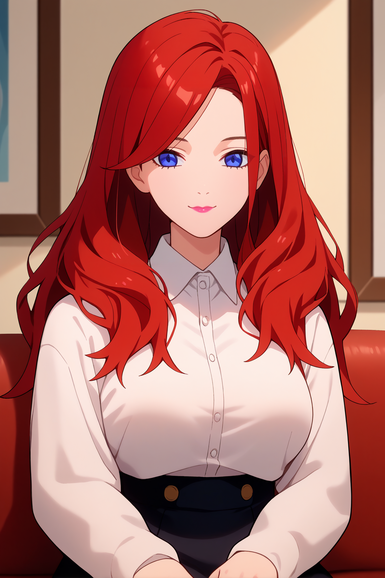 score_9, score_8_up, score_7_up, score_6_up, source_anime, 1girl, solo  <lora:renanakano-pdxl-nvwls-v1-000004:1> 5hrn, red hair, long hair, blue eyes, white shirt, collared shirt, long sleeves, black skirt, large breasts, upper body, living room, sitting, couch, portrait, looking at you, light smile, pink lipstick
