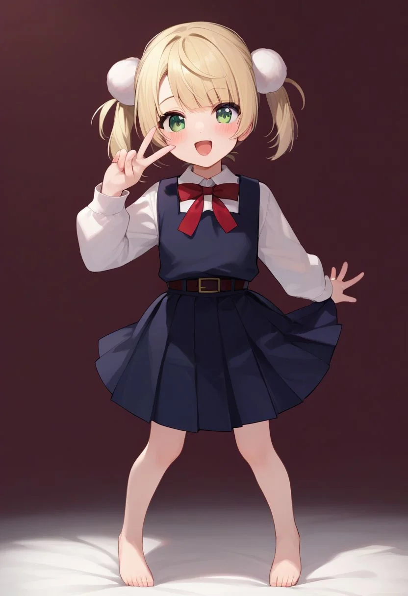 score_9, score_8_up, score_7_up, score_6_up, score_5_up, score_4_up, source_anime, masterpiece, 
fair skin, cute, young, petite, thin waist, beautiful legs, barefoot, blushing,
look at viewer, from front, straight-on, full body view, 
shigureui-requiem,shigure ui \(vtuber\),green eyes, blonde hair,short hair,twintails,pom pom hair ornament,pinafore dress,
kneeling, spread legs, standing, double piece, peace fingers,