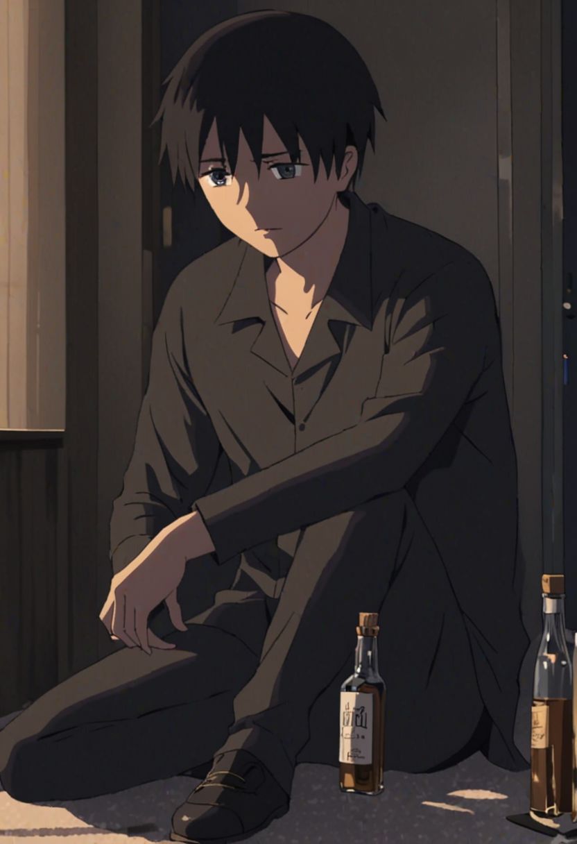 Highres, Masterpiece, High Quality, 4K, 8K, solo, 1Boy, Takaki Toono, adult, black hair, short hair, Sad, share, deep talk, hotel room, dim weather, sitting, weak, facing viewer, complicated, anxious, empty alcohol bottle, self torture, alone, lost, hopeless, hearthless, helpless, easynegative, detailed_eye_model