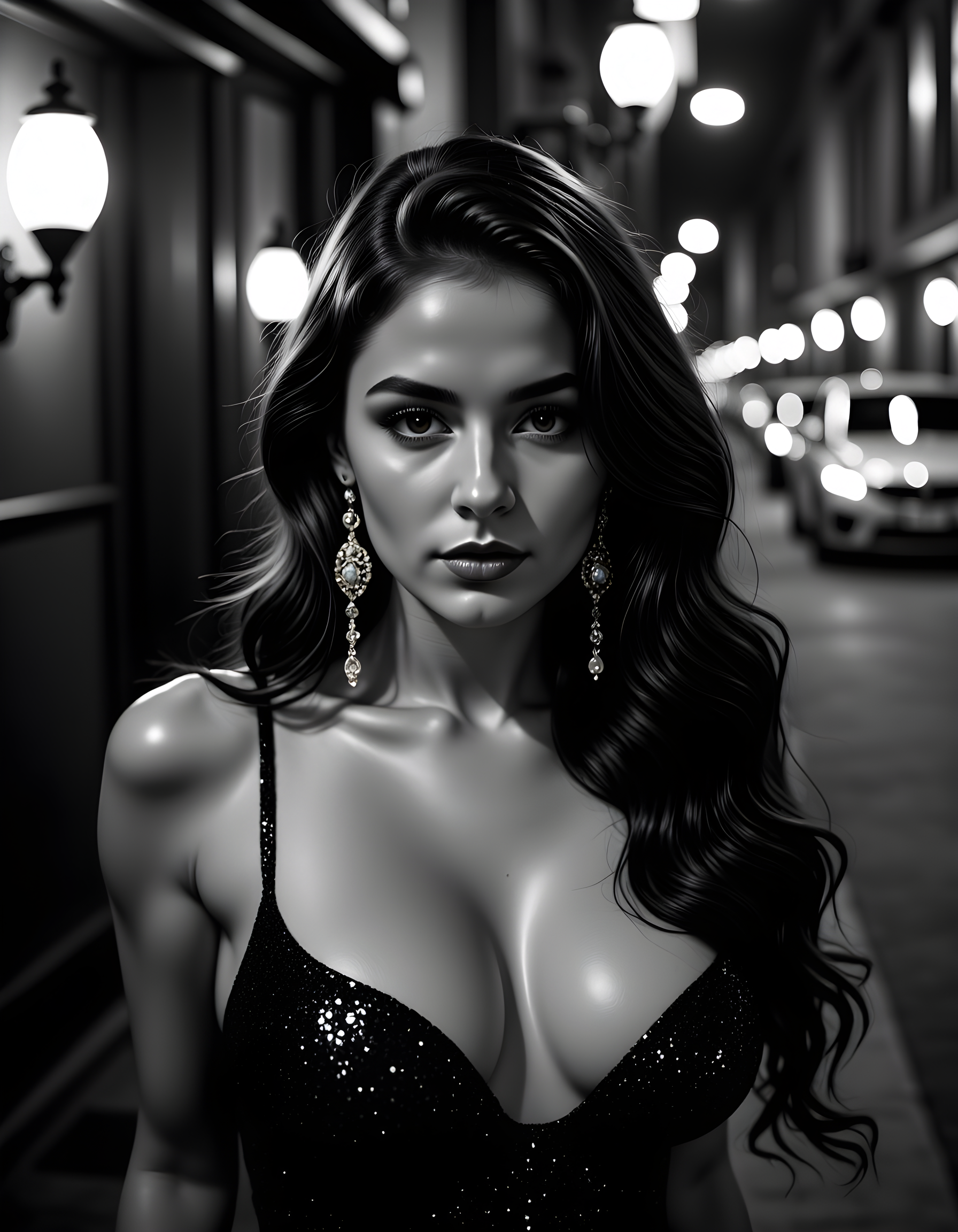 In a captivating, black-and-white noir setting, Adelise Verogandh, a seductive and enigmatic woman with long, wavy brunette hair cascading down her shoulders, is captured in a close-up shot. Her expressive, dark eyes, framed by thick eyelashes and smoky eye makeup, are intensely focused on the viewer as she leans slightly forward, her voluptuous lips parted ever so slightly, revealing a hint of red lipstick. Adorned with intricate gold earrings that glint in the dimly-lit room, a delicate necklace adorns her slender neck, and her chest is accentuated by a low-cut, shimmering dress that catches the light as she moves ever so slightly. The background is a blur of shadows and reflections from the nearby cityscape, adding to the mysterious atmosphere of the image. The overall tone is one of intrigue and allure, capturing Adelise's enigmatic charm and magnetic personality in a single, unforgettable moment.
